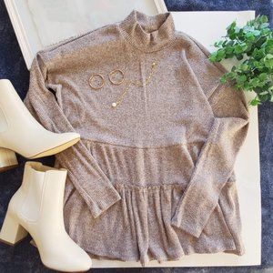 Heather Brown Peplum Long Sleeve Sweater Large